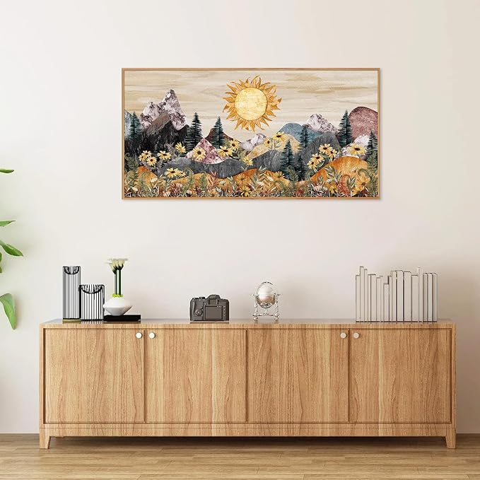 Rantodecor Boho Mountain Framed Canvas Wall Art, Western Daisy Floral Landscape Wall Decor, Rustic Fern Flowers Art Painting, Modern Fantasy Nature Sun Artwork for Bedroom Living Room Office 40"x20"