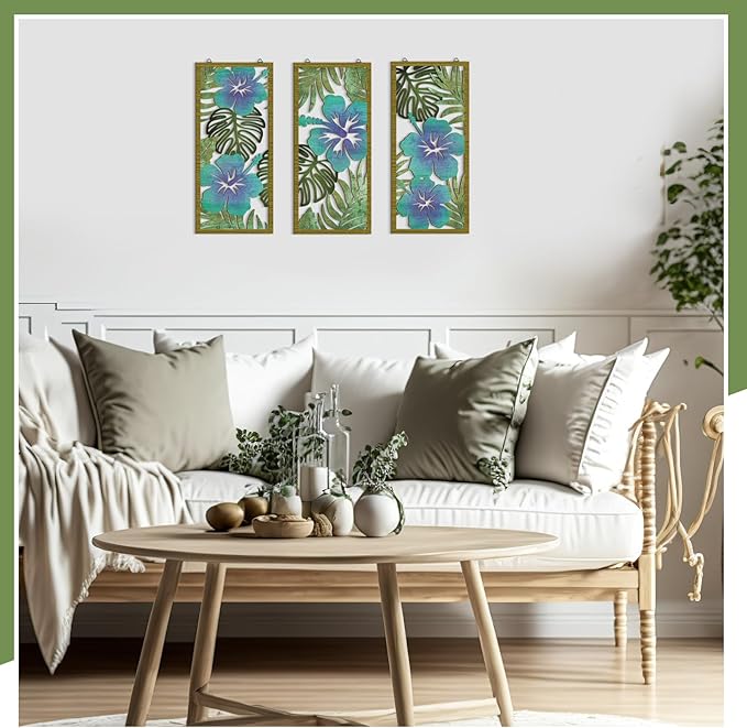 Threehoney 3 Pcs Tropical Wall Decor 3d Wooden Palm Leaf Wall Art Monstera Sculptures Wood Hibiscus Flowers Hanging Decor Vintage Plant Plaque for Home Bathroom 7.09 x 15.75 Inch(Fresh Style)