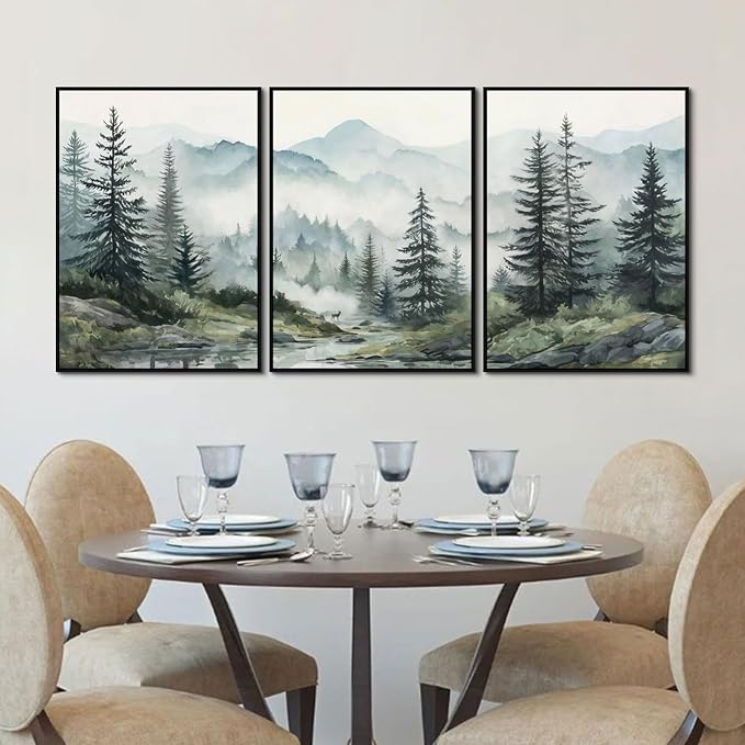 SAFERRYHOME Foggy Green Forest Wall Art, Misty Pine Tree Framed Canvas Wall Decor, Nature Landscape Painting Woodland Prints, Modern Mountain Artwork Picture for Living Room Bedroom Office, 20"x28"x3