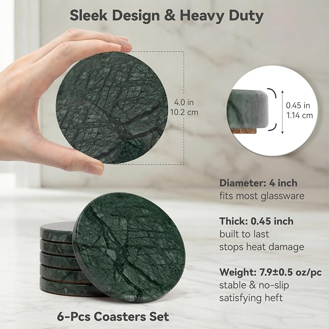Dark Green Marble Coasters Set of 6, Modern Luxury Drink Coaster for Coffee Table, 4 Inch Round Polished Verde Stone Coasters with Intricate Veins – Heat Resistant, Non-Slip, Housewarming Gift