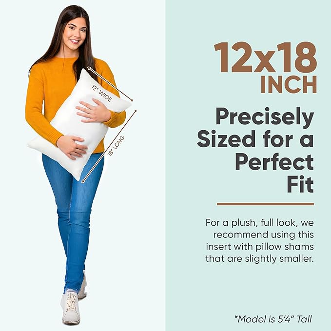 Pillowflex Synthetic Down Pillow Insert - 12x18 Down Alternative Pillow, Ultra Soft, Small Rectangle, Lumbar, Travel, Neck, Sleeping Pillow - 1 Decorative Pillow Form