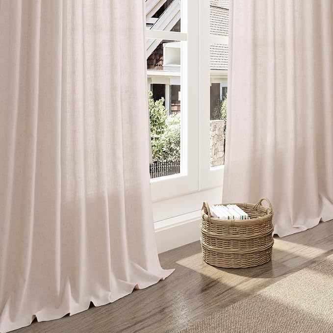 Nanspring Natural White Linen Curtains 108 Inches Long for Living Room Burlap Textured Neutral Farmhouse Sheer Curtains Back Tab Floor to Ceiling High Window Curtain for Bedroom 52x108, 2 Panels