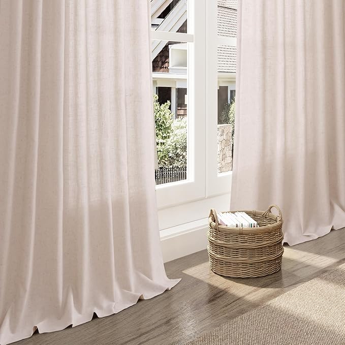 Nanspring Natural White Linen Curtains 120 Inches Long for Living Room Textured Neutral Farmhouse Privacy Sheer Curtains Back Tab Floor to Ceiling Curtain for Bedroom Office 52x120, 2 Panels