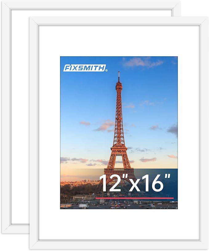 FIXSMITH 12x16 Picture Frame White Set of 2, Photo Frame with HD Plexiglass, Display Pictures 8.5x11 with Mat or 11x17 Without Mat, White Picture Frames Collage Wall Decor, Gallary Wall Frame