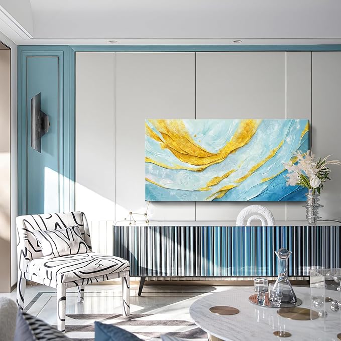 Nicetop Modern Large Abstract Wall Art – Blue and Yellow Flowing Lines Canvas Prints Contemporary Coastal Artwork Horizontal Decorative Wall Picture for Living Room Bedroom Home Office Decor 48x24 Inch