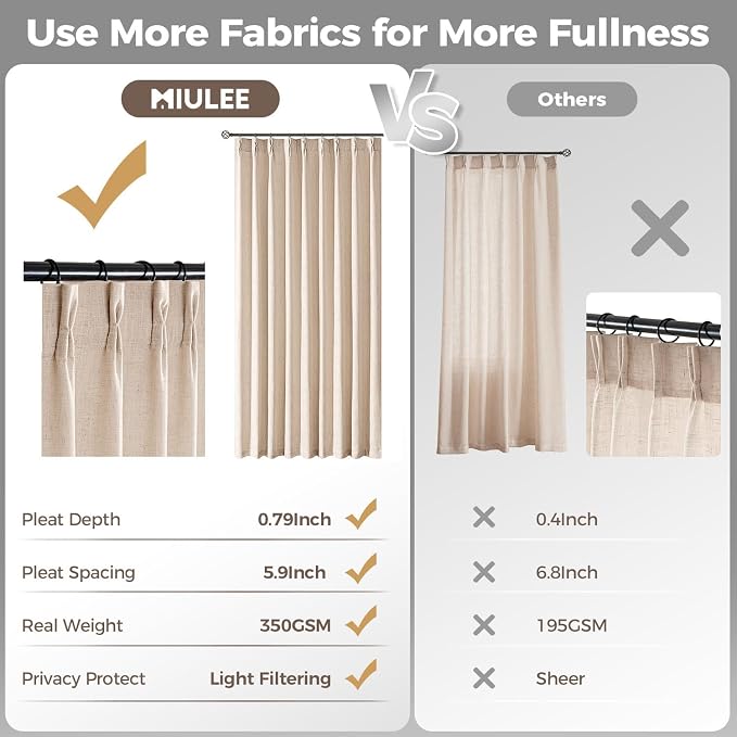 MIULEE Pinch Pleated Thick Linen Curtains 108 Inches Length 2 Panels for Living Room Bedroom, Extra Long Memory Trained Pinch Pleat Drapes Light Filtering Sand Beige Foor to Ceiling Curtains