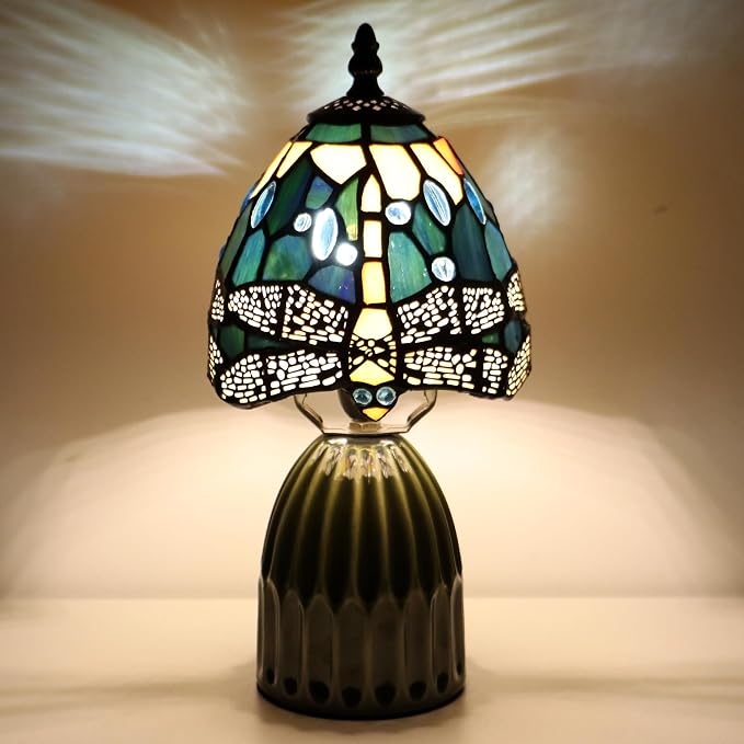 Tiffany Stained Glass Mushroom Table Lamp 12.5 Inch -Yellow Dragonfly | Tiffany Lamp,6X6X12.5 Inch,Small Night Light,Ceramic Base, Mini Accent Light Suitable,Bedside,Bedroom, Children Room,Antique