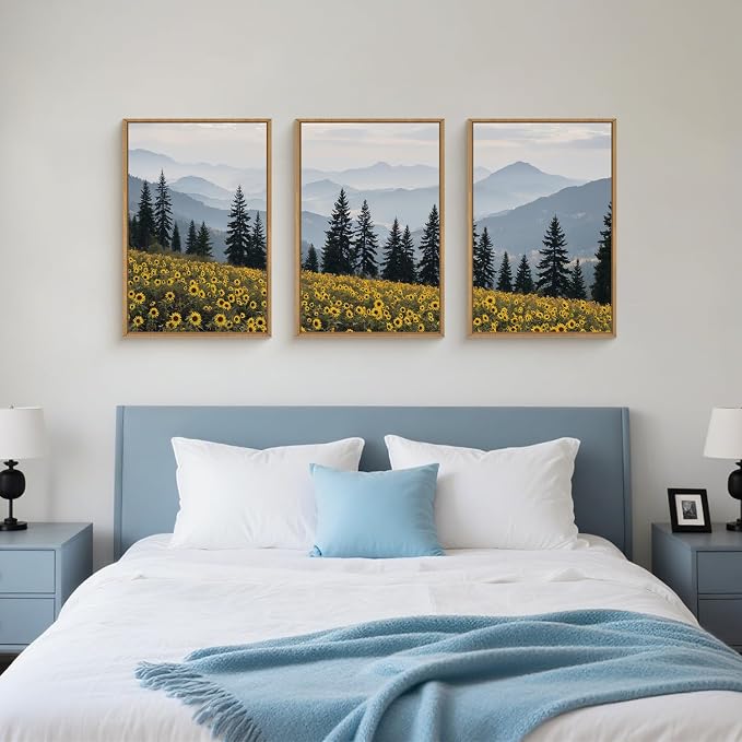 HPNIUB Large Boho Wildness Sunflowers Framed Canvas Wall Art Set, Nature Pine Tree Mountain Wall Decor, Misty Forest Landscape Art Print, Rustic Wildflower Artwork for Living Room, Bedroom,Office -16''x24''x3
