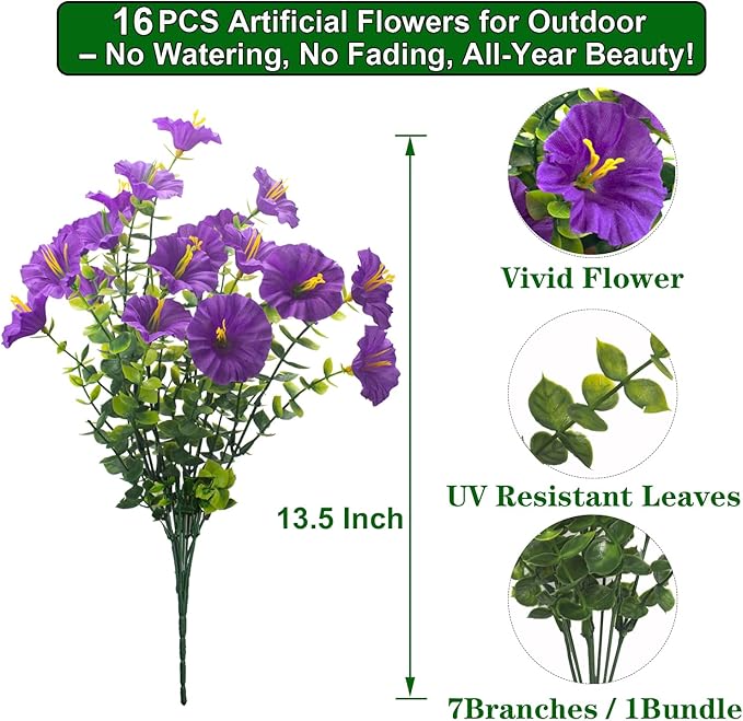 Grunyia Artificial Faux Flowers for Outdoor 16 Bundles Boxwood Fake Morning Glory for Planter,UV Resistant Fake Flowers for Home Porch Patio Outside (Purple)