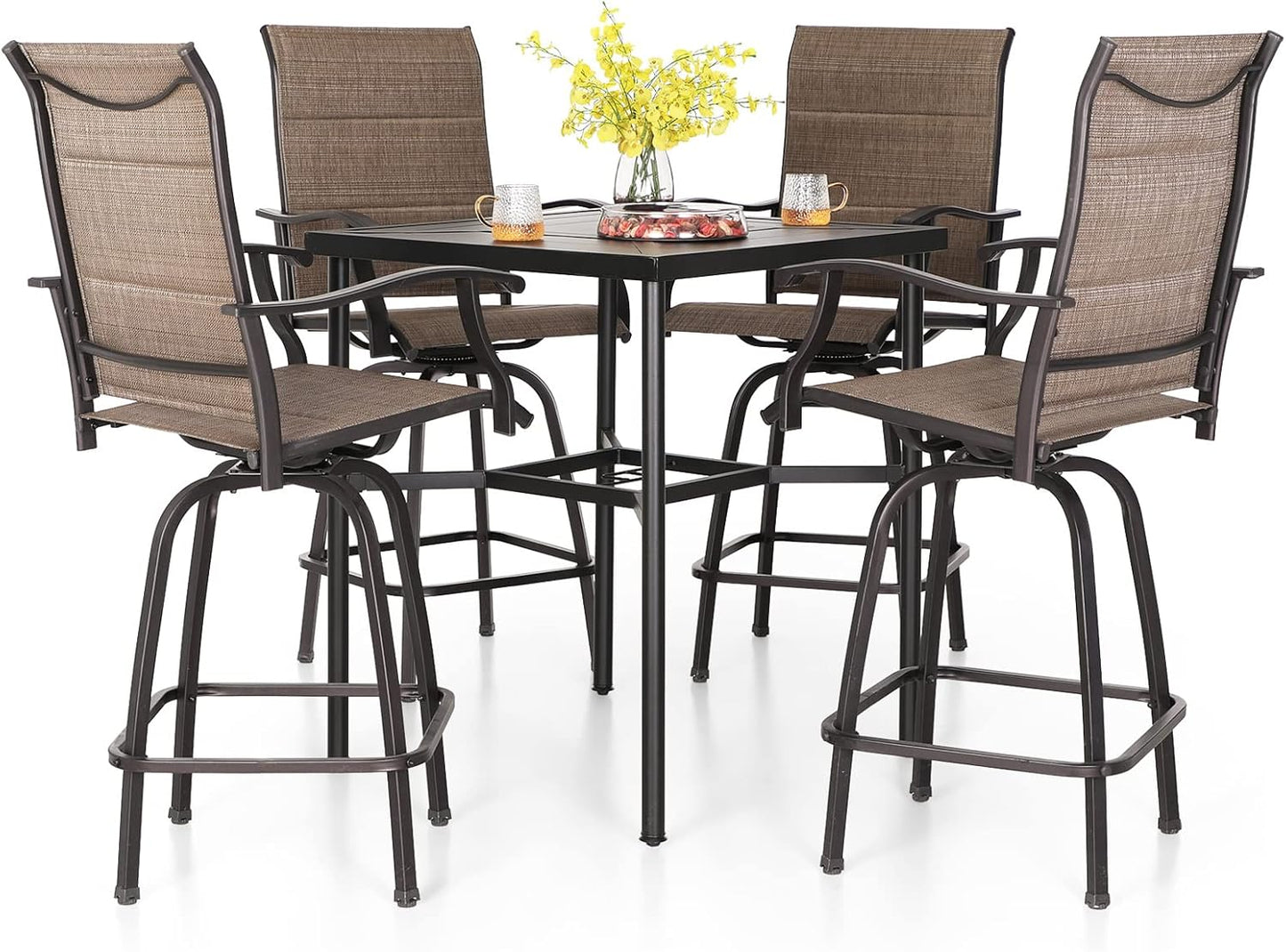 PHI VILLA 5 Piece Patio Bar Set, High Top Outdoor Table and Chairs for 4 with Swivel Padded Bar Stools Outside and Square Metal Bar Bistro Table for Garden, Deck and Poolside