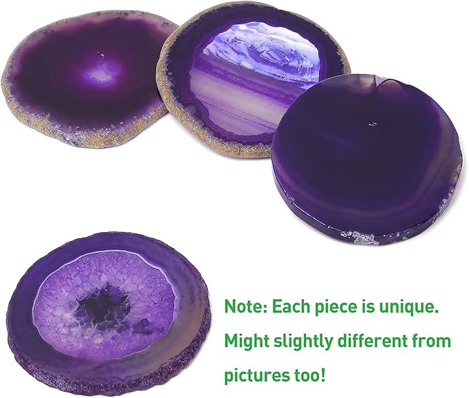Natural Purple Agate Coasters for Drinks Set of 4 | Natural Stone Drink Coasters, Decorative Table Coasters for Coffee Table, Bar or Desk, Housewarming Gift