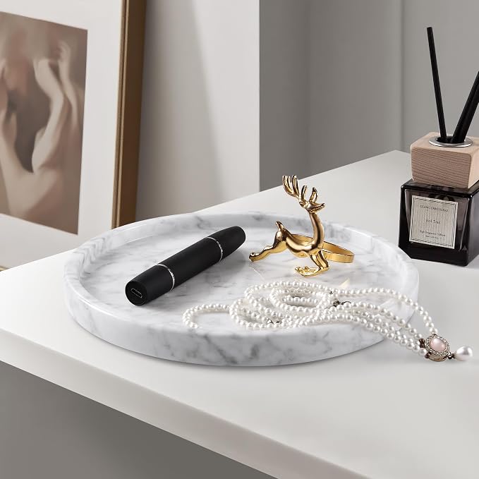 Decorative Round Marble Tray,8 Inches Diameter, Natural White Stone Vanity Organizer
