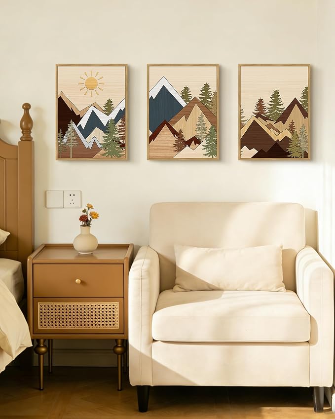PHOPAGO Mountains Framed Wall Art Morden Boho Woodcut Pine Tree Forest Nature Landscape Artwork Bohemain Kitchen Farmhouse Rustic Home Decor - 11x14in Natural Framed