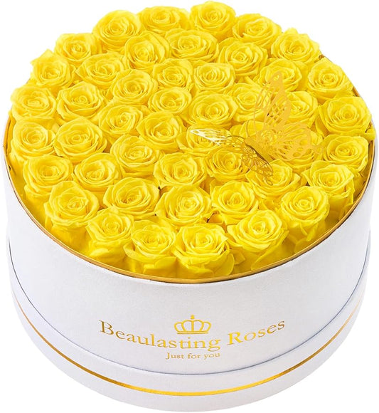47 Preserved Roses Forever Flowers Real Roses in a Box Mother's Day Birthday Flowers for Her Mom Women Wife Valentine's Day, Yellow Roses