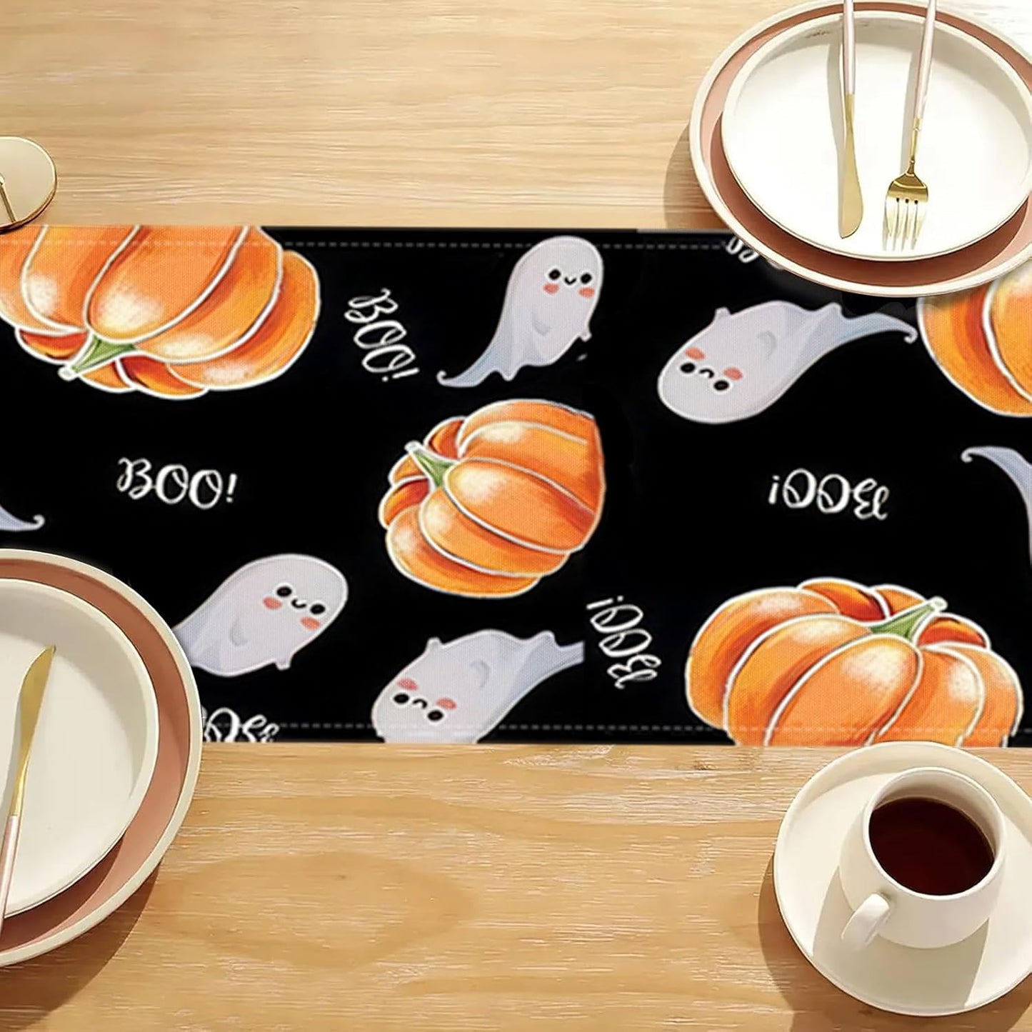 Halloween Table Runner Spooky Ghost Pumpkin Table Runner for Home Party Holiday Indoor Outdoor Table Decoration Halloween Table Decoration Kitchen Dining Table Decor 13 x 72 Inch (Black)