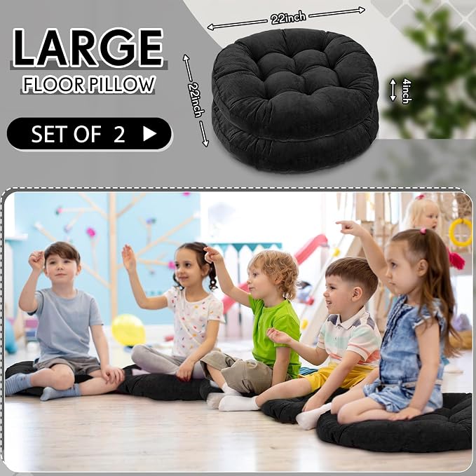 Jerify 2 Pcs Floor Pillow Cushions Large Round Square Large Meditation Floor Pillow for Classroom Adult Meditation Picnic Party Seating Learning Daycare School (Round,Black)