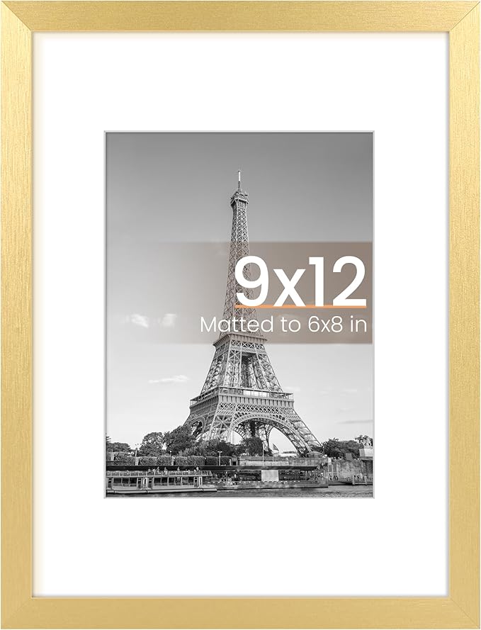 upsimples 9x12 Picture Frame, Display Pictures 6x8 with Mat or 9 x 12 Without, Wall Hanging Photo Frames, Gold, 1 Pack