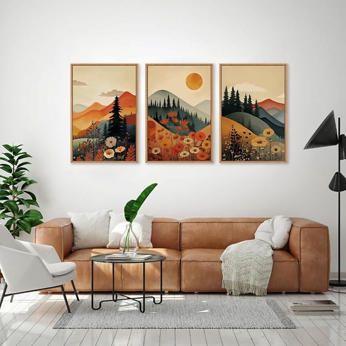 LHIUEM Large Boho Mountain Sunset Framed Canvas Wall Art Set, Pine Tree Flowers Wall Decor, Nature Landscape Forest Artwork for Living Room,Bedroom,Dining Room,Office -16"x24"x3