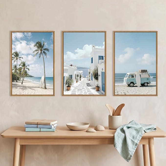 Large Summer Coastal Framed Canvas Wall Art Set,Modern Beach Surfboard Wall Decor,Seaside Palm Tree Art Prints,Vintage Blue Van Artwork for Living Room,Bedroom,Office -24"x36"x3
