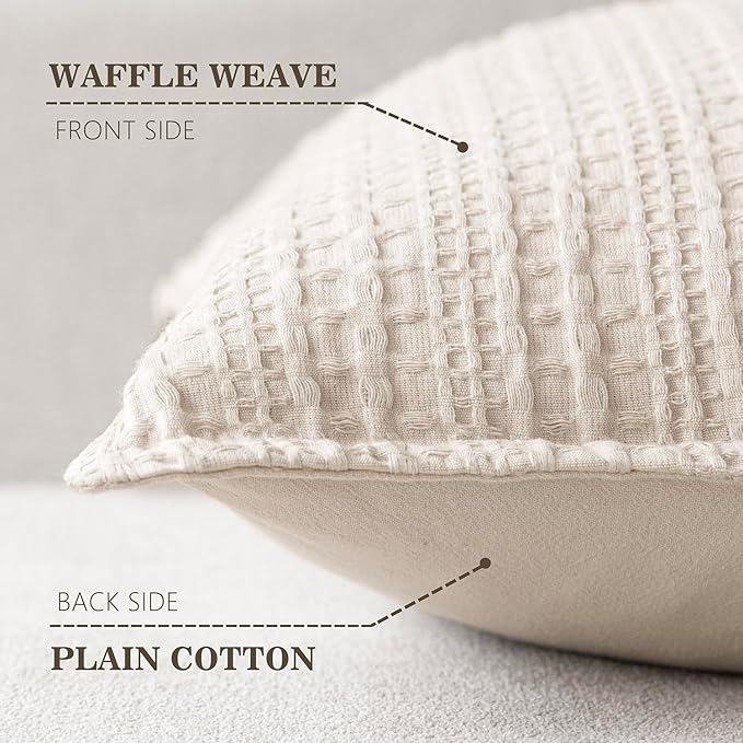 Foindtower Set of 2 Decorative Cotton Waffle Weave Throw Pillow Covers Euro Shams Cushion Covers Accent European Pillowcase for Bed Couch Sofa Bedroom Living Room Home Decor 24×24 Inch Natural Ivory