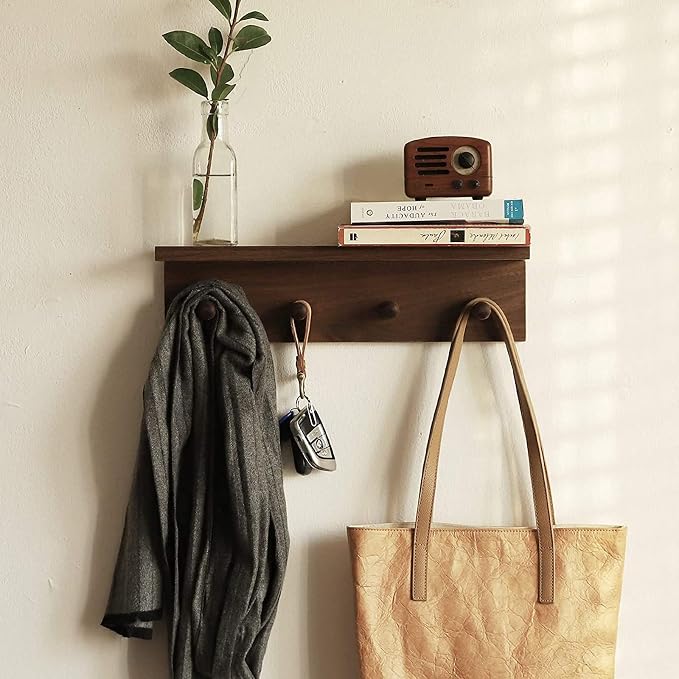 Entryway Coat Rack Hooks with Shelf, Sturdy Wooden Floating WallOrganizer Shelf with 4 Hooks siutable for Entrance, Mudroom, Kitchen, Bathroom,.etc(2pc-Walnut Finish)