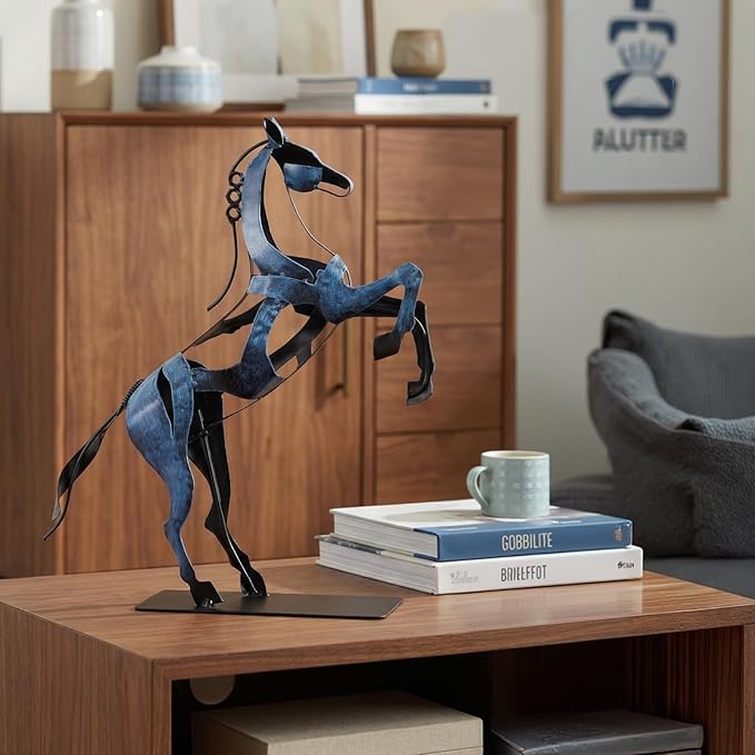SunBlogs Art Metal Horse Statue Décor, Handmade & Hand-Painted Modern Western Horse Decoration, Rustic Iron Sculpture Gifts for Home Office for Horse Lovers (Blue)