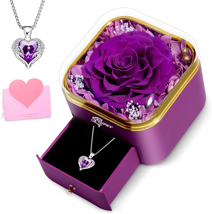 Valentines Day Gifts for Her - Preserved Real Blue Rose with Heart Necklace, Forever Flowers Gifts for Mom Grandma Wife Girlfriend at Christmas, Valentines, Mothers Day, Anniversary or Birthday Gifts for Women to Send Love