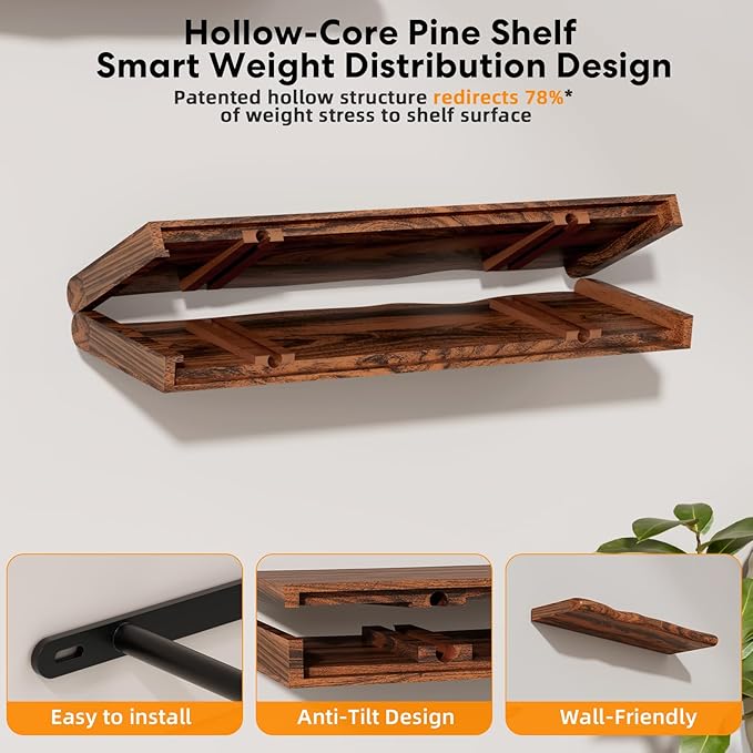 Solid Wood Live Edge Floating Shelves Set of 2 – 24" Rustic Wall Shelf with Hidden Bracket System, Wall Mounted Shelves for Bathroom, Kitchen, Living Room, Bedroom (Classic Walnut)