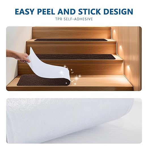 Stair Treads for Wooden Steps Indoor, 7 Pack 8" X 30" Non Slip Carpet Stair Treads with Reusable Adhesive for Kids Elders and Dogs, Surface Polyester TPR Backing Stair Rugs, Brown