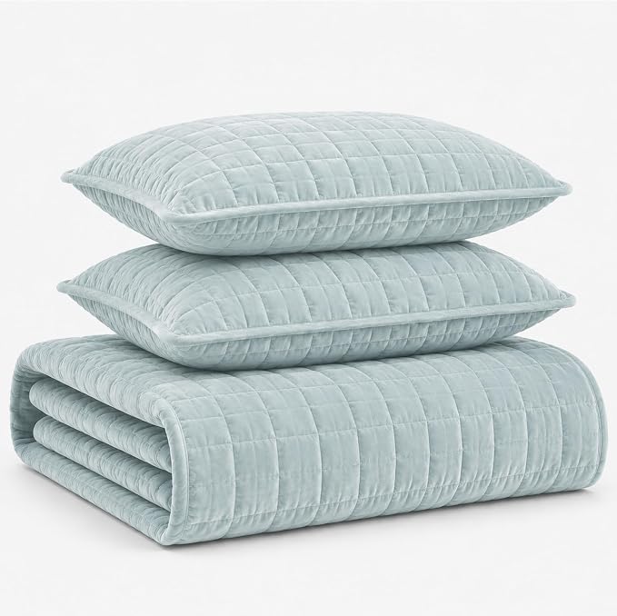 Tribeca Living Velvet Queen Quilt Set, Three-Piece Box Stitch Bedding Set Includes One Oversized Quilt & Two Sham Pillowcases, 260GSM Super Soft Velvet, Florence/Haze Blue