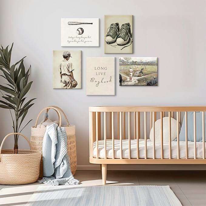 Baseball Nursery Wall Art Decor Vintage Boys Room Canvas Posters Sports Boy Pictures Baseball Vintage Nursery Painting Neutral Sport Kids Room Prints Wall Art for Bedroom 8x10x5 Inch Framed ﻿