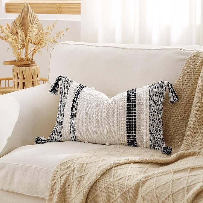 DEZENE Boho Lumbar Pillow Cover 12x20 Navy Blue - Handmade Woven Textured Throw Pillow Case with Cordings & Tassels, Decorative Accent for Couch Sofa Bed Farmhouse Living Room Bedroom Home Decor