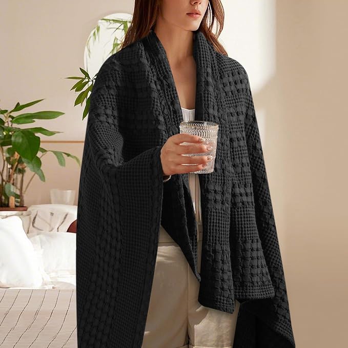 PHF 100% Cotton Waffle Throw Blanket for Couch, Lightweight Breathable and Soft for Summer, Luxury Aesthetic Waffle Weave Blanket for Home Decor & Office, Gifts for Women, 50"x60", Black