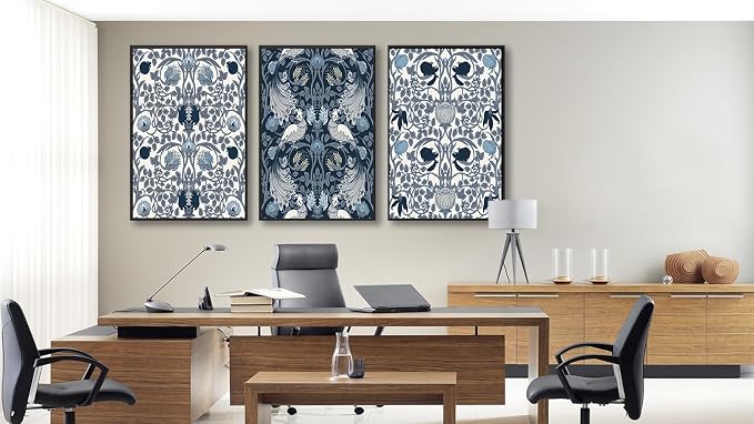 Large Framed Canvas Wall Art - Navy Blue Pictures William Morris Style for Living Room Boho Prints Flower Bird Wall Decor for Bedroom Dining Room Black Float Frame 20" X 28" X 3 Pieces
