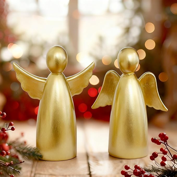 OwMell Set of 2 Cherubs Angels Resin Statue Figurine, Indoor Home Decoration, Adorable Angel Sculpture Memorial Statue 4" - Minimalist Gold