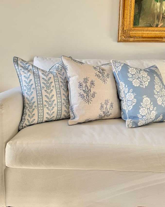 Jillien Harbor "The Hazel Bright Blue White Floral Pillow Cover Grandmillennial Home Decor Blockprint Pillow Cover 20" x 20"
