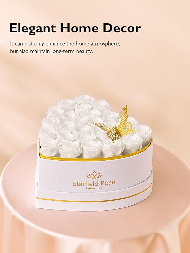 Eterfield 27 Forever Flowers in Heart Shape Box, Preserved Roses that Last a Year Preserved Flowers Birthday Gifts for Her Mom Women Wife Anniversary Valentines Day Mothers Day Christmas, White