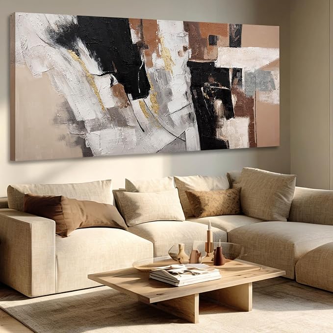 MLART99 Large Abstract Canvas Wall Art Black White Gold and Brown Geometric Painting Textured Modern Artwork for Bedroom Living Room Home Decor 29x58 Inch