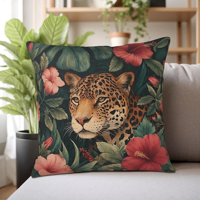 Tropical Leopard Floral Pillow Covers Hawaiian Monstera Leaves Hibiscus Flower Throw Pillow Covers 20x20 Set of 2 Summer Jungle Cheetah Pillow Cases for Sofa Couch Home Decor
