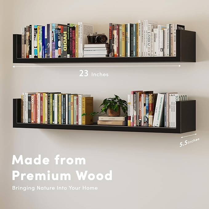 Wall Bookshelf, Set of 4, U Shaped Floating Bookshelf, Hanging Bookshelves for Wall, Wall Mounted Shelves for Living Room Bedroom Office (Black, 23.6 Inches, 4)