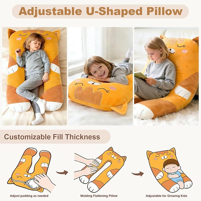 47x23 inch U Shaped Long Plush Body Pillows for Kids, Stuffed Animal Cat Soft Large Pillow for Sleeping, Big Cute Plushies, Washable Cover, Gift for Boys and Girls