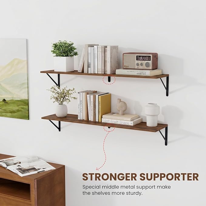 Vivelove 8 Inch Deep Floating Shelves for Wall, 36W x 8D Wood Wall Shelves Set of 2, Walnut Wide Floating Bookshelf for Living Room, Kitchen, Office, Bedroom, with Black Metal Bracke - Walnut