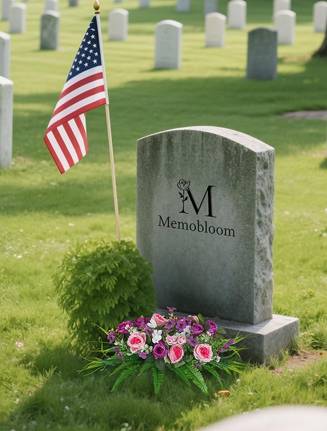 Artificial Cemetery Flowers with Stake: 1Pc Purple Roses Pink Peonies Realistic Memorial Day Grave Flowers for Cemetery - Outdoor Grave Decorations Funeral Arrangements