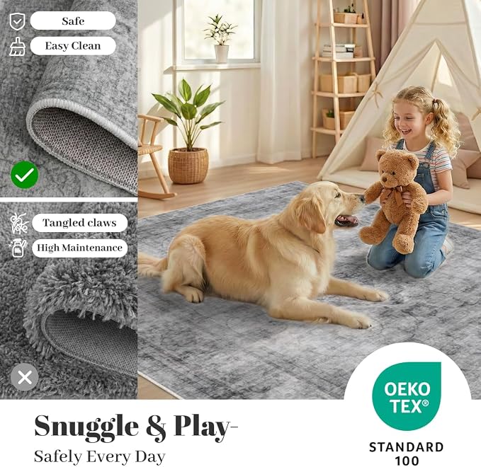 Homemate Washable Rug 5x7 Area Rugs - Vintage Faux Wool Rugs for Living Room Bedroom Dining Room - Non Slip Foldable Carpet Indoor Area Rug for Home Decor（5'x7', Black