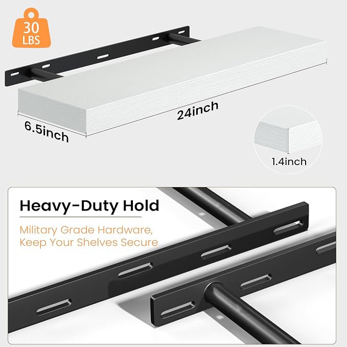 Fun Memories Floating Shelves for Wall, 24 Inch Set of 2 Rustic Wood Wall Shelves with Invisible Brackets, Heavy Duty Storage Display for Living Room Bedroom Kitchen, White
