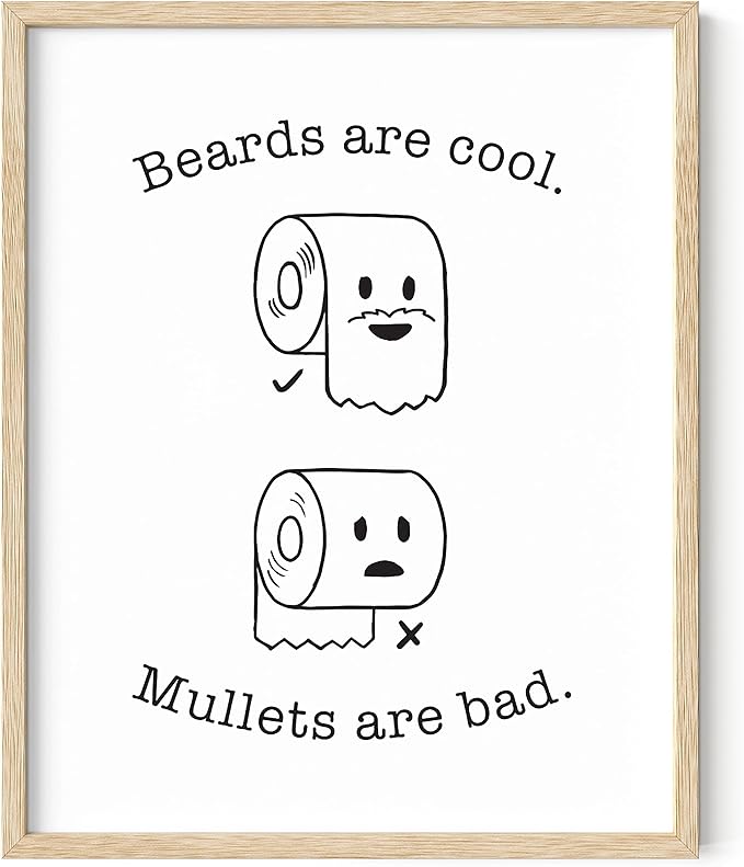 HAUS AND HUES Funny Bathroom Decor – Beard and Mullet Poster, Playful Restroom Artwork, Humorous Sign for Home or Guest Washroom (16x20, Beige Frame)