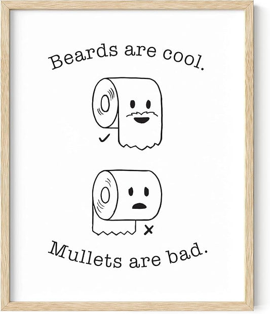 HAUS AND HUES Funny Bathroom Decor – Beard and Mullet Poster, Playful Restroom Artwork, Humorous Sign for Home or Guest Washroom (16x20, Beige Frame)