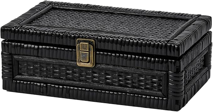 Rattan Box with Lid Decorative Natural Handmade Boho Rattan Baskets Woven Wicker Cane Bins Keepsake Memory Jewelry Boxes Rectangular Desk Shelf Closet Organizer Container (Black, Small)