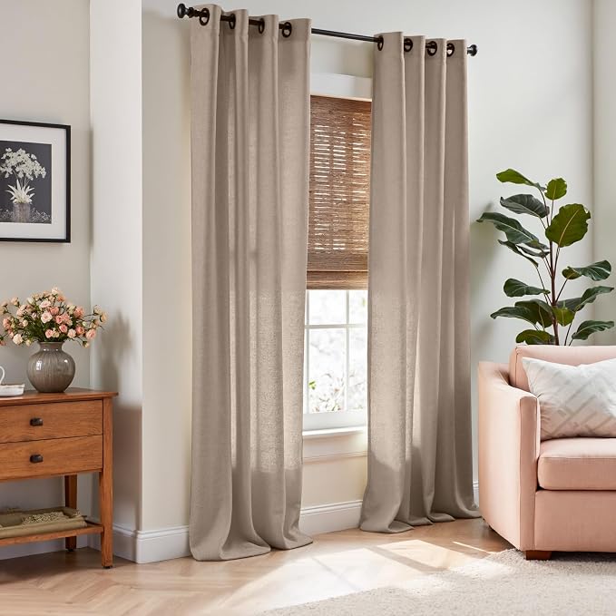 jinchan Taupe Linen Semi Sheer Curtains 96 Inch Curtains 2 Panel Set for Living Room Grommet Dark Flax Light Filtering Drapes Home Office Minimalist Decor Suitable for Bathroom and Bedroom 50x96 Inch
