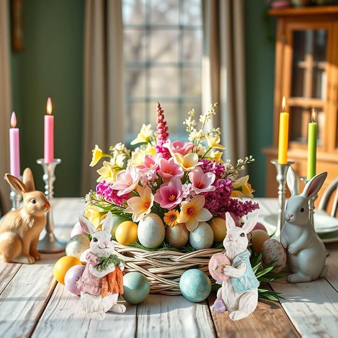 GoGnome Easter Bunny Figurines Set of 2 - Hand-Painted Resin Rabbit Decorations with Carrots and Easter Egg (White)